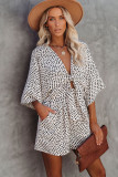White Tie Front Deep V Neck Bat Sleeve Romper