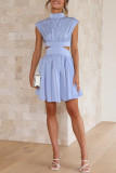 Plain Frilled High Coloar Cut Out Waist Mini Dress