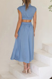 Plain Frilled High Collar Cut Out Waist Maxi Dress