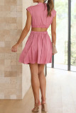 Plain Frilled High Coloar Cut Out Waist Mini Dress