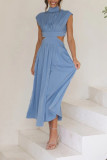 Plain Frilled High Collar Cut Out Waist Maxi Dress