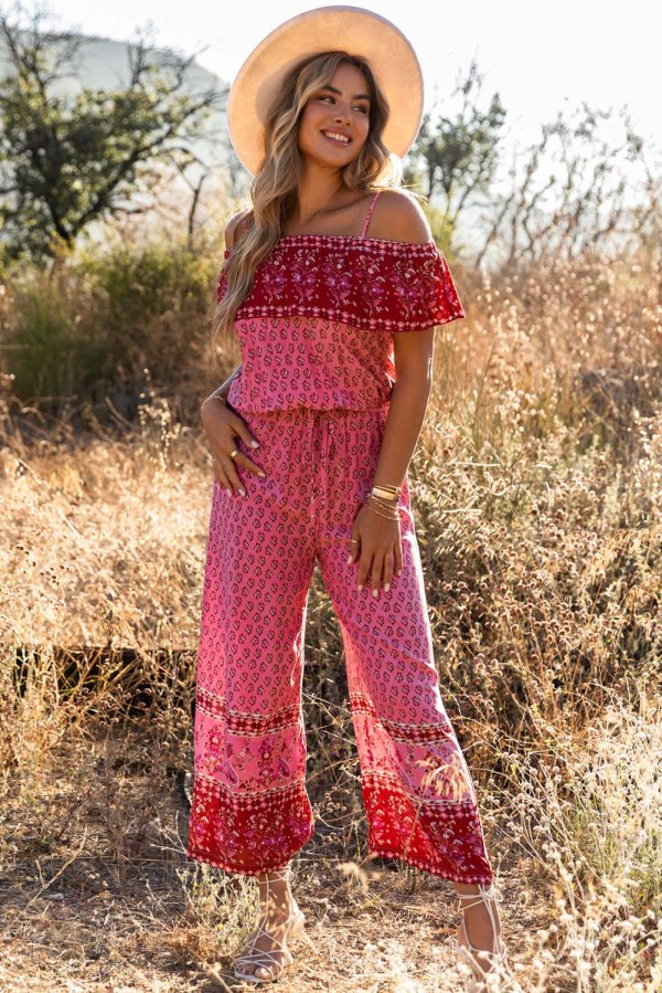 Red Pattern Print Spaghetti Strap Ruffled Wide Leg Jumpsuit