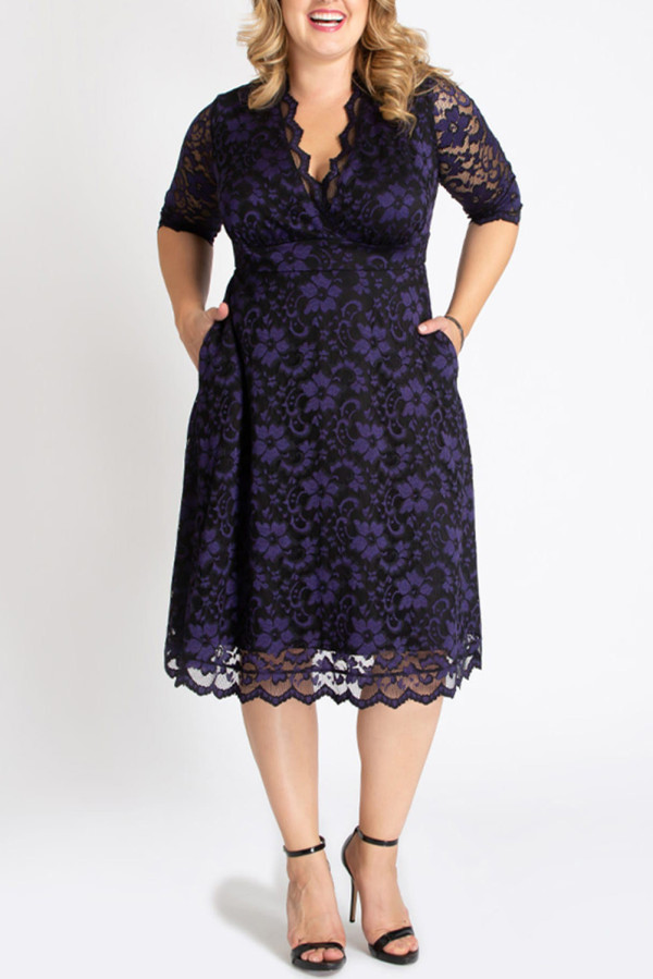 Blue Plus Size Half Sleeve Lined Lace Midi Dress