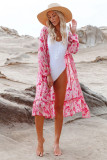 Pink Sweet Floral Print Frill Hem Puff Sleeve Cover Up