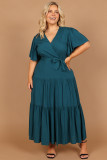 Green Plus Size Pleated Lace-up V Neck Wrap Maxi Dress