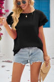 Crew Neck Double Ruffle Sleeves Plain Top