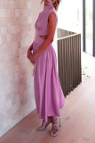 Plain Frilled High Collar Cut Out Waist Maxi Dress