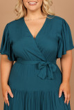 Green Plus Size Pleated Lace-up V Neck Wrap Maxi Dress