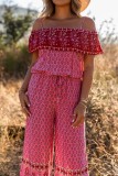 Red Pattern Print Spaghetti Strap Ruffled Wide Leg Jumpsuit
