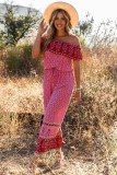 Red Pattern Print Spaghetti Strap Ruffled Wide Leg Jumpsuit