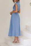 Plain Frilled High Collar Cut Out Waist Maxi Dress