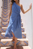One SHoulder Irregular Hem Smocked Plain Dress