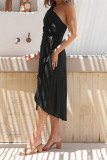 One SHoulder Irregular Hem Smocked Plain Dress