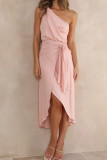 One SHoulder Irregular Hem Smocked Plain Dress