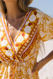 Yellow Floral Wrapped V Neck Tied Ruffled Sleeves Midi Dress