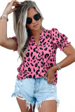 Pink Leopard Notch Neck Bubble Sleeve Blouse
