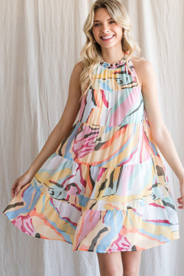 Multicolor Abstract Print Sleeveless Tiered Flowy Dress