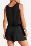Plain Sleeveless Back Buttoned Tank Top With Elastic Waist Shorts Lounge Set