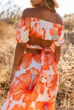 Orange Floral Print Off Shoulder Backless Maxi Dress