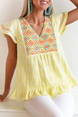 Yellow Geometric Embroidery Textured Top with Ruffles