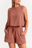 Plain Sleeveless Back Buttoned Tank Top With Elastic Waist Shorts Lounge Set