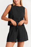 Plain Sleeveless Back Buttoned Tank Top With Elastic Waist Shorts Lounge Set