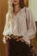 Beige Lace Patchwork Ruffled Drawstring V Neck Blouse