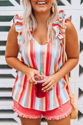 Multicolor Striped V Neck Ruffle Straps Tank Top