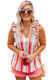 Multicolor Striped V Neck Ruffle Straps Tank Top
