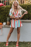 Multicolor Stripe Print Tie V Neck Flowy Romper