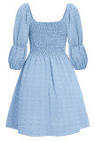 Plain Swiss Dot Smocked Bubble Sleeves Dress