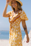 Yellow Floral Wrapped V Neck Tied Ruffled Sleeves Midi Dress