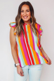 Multicolor Plus Size Stripe Print Frill Neck Flutter Blouse