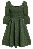 Plain Swiss Dot Smocked Bubble Sleeves Dress