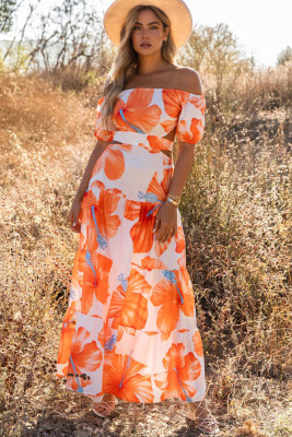 Orange Floral Print Off Shoulder Backless Maxi Dress