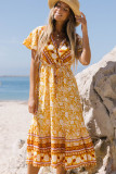 Yellow Floral Wrapped V Neck Tied Ruffled Sleeves Midi Dress