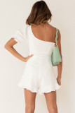 White One-shoulder Puff Sleeves Romper with Ruffle Trim