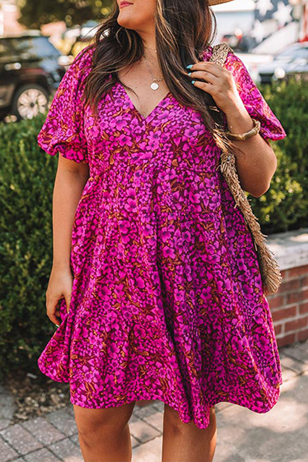 Rose Plus Size Floral V Neck Babydoll Dress