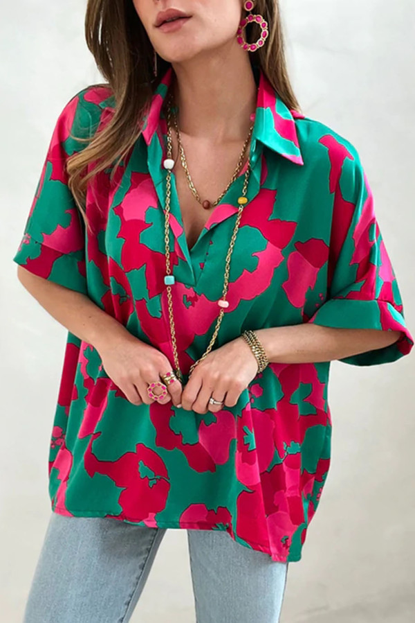 Green Abstract Print V Neck Blouse