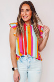 Multicolor Plus Size Stripe Print Frill Neck Flutter Blouse
