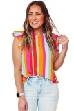 Multicolor Plus Size Stripe Print Frill Neck Flutter Blouse