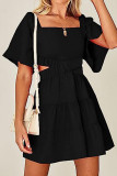 Square Neck Waist Cut Out Tiered Mini Dress