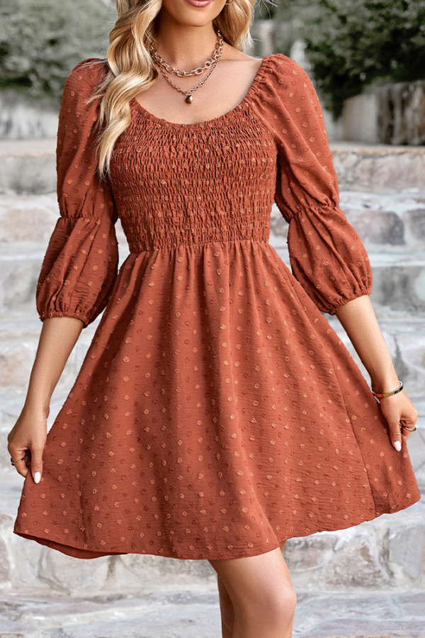 Plain Swiss Dot Smocked Bubble Sleeves Dress