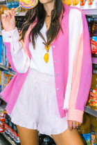 Textured Color Block Open Button Blouse Shirt