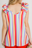 Multicolor Striped V Neck Ruffle Straps Tank Top