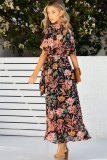 Black Floral Print Knotted Wrapped V Neck Maxi Dress
