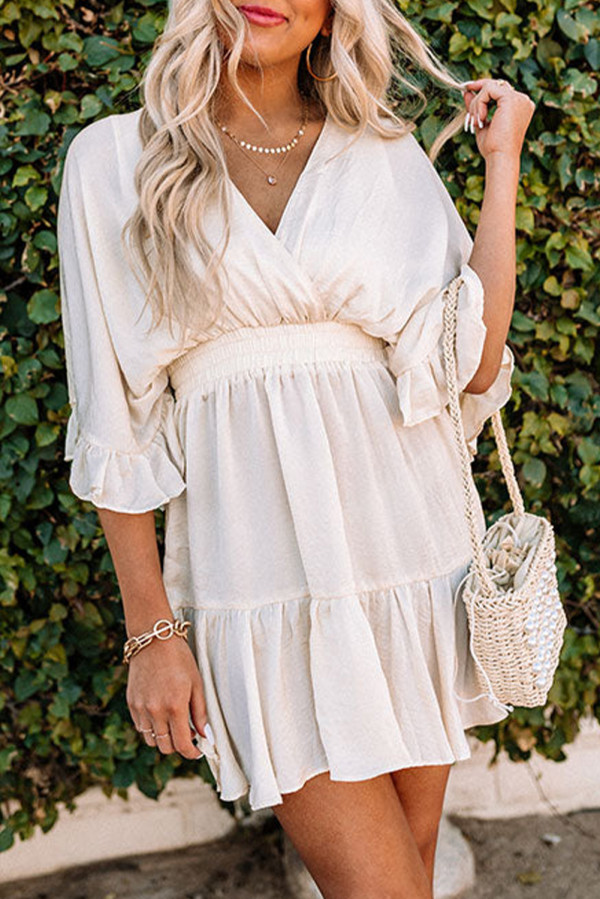 Beige V Neck Wrap Smocked Waist Ruffle Mini Dress