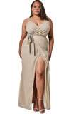 Apricot Plus Size V Neck Wrap Spaghetti Straps Maxi Dress
