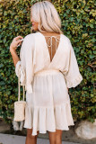 Beige V Neck Wrap Smocked Waist Ruffle Mini Dress