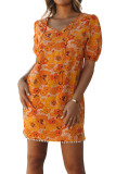 Yellow Puff Sleeve Floral Dress with Pompom Trim